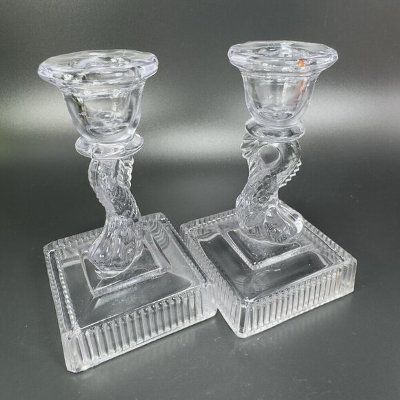 Imperial Glass Clear Dolphin Koi Fish Candlestick Candle Holder Set 2 Votive VTG - Picture 7 of 11